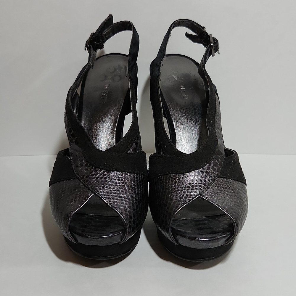 Nine West Women's Black Snakeskin Suede Slingback Peep Toe Cut-Out Heels Size 5